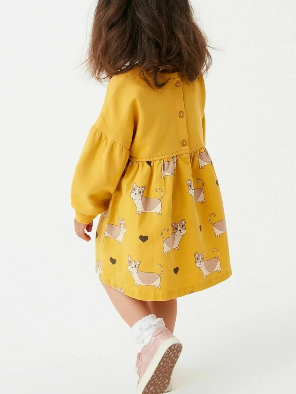 next Mustard Yellow Dog Print Long Sleeve Dress Size 3-4yrs